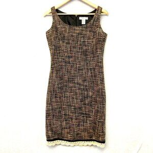 Vintage Newport News Tweed Sheath Dress Size 4 Knee Length Brown Lace Trim Retro